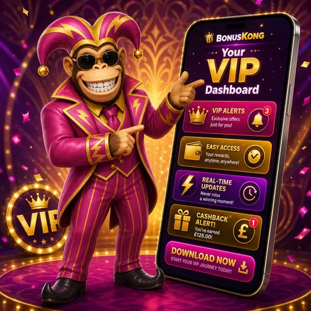 Dashboard app mobile BonusKong che brilla con avvisi VIP e notifiche di cashback