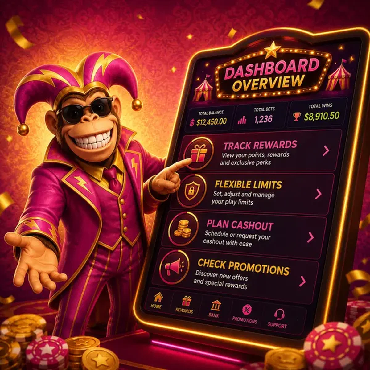 Bonus Kong presenta la dashboard di login con interfaccia in stile carnevale al portale di gioco