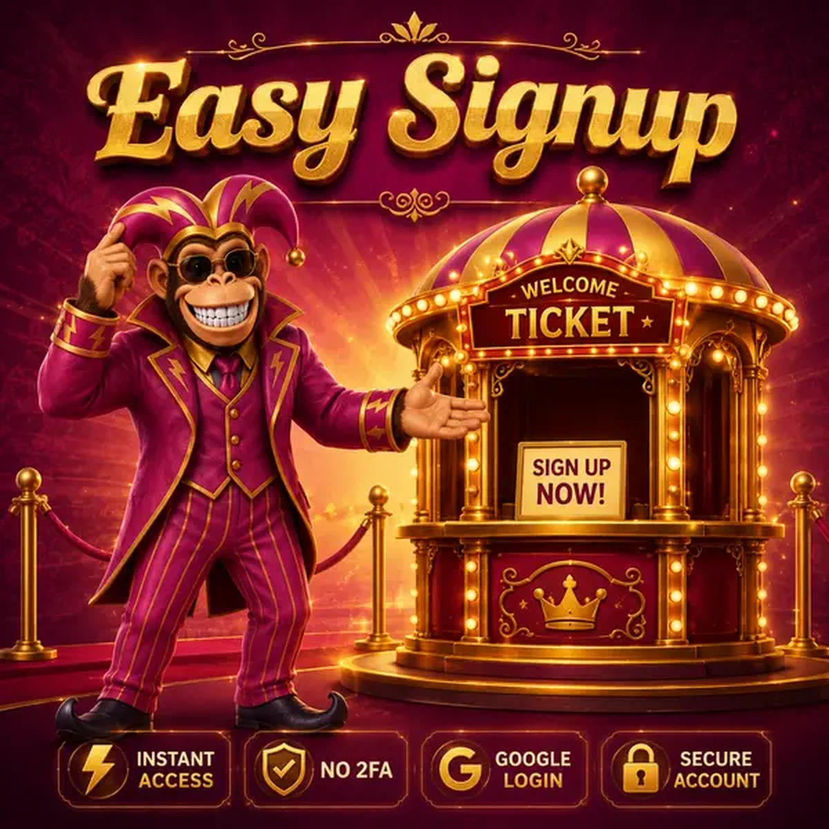 Bonus Kong Login e Registrazione dà il benvenuto ai nuovi giocatori per iscriversi alla biglietteria del biglietto dorato