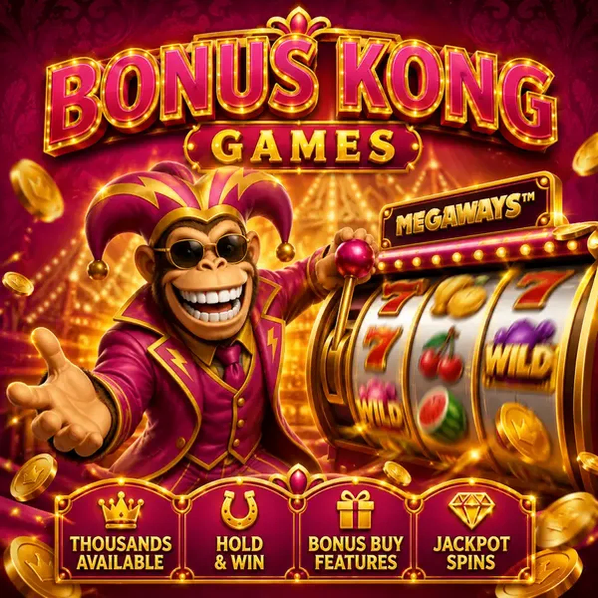 Bonus Kong fa girare i rulli megaways mentre le slot machine illuminano il pavimento del casinò carnival