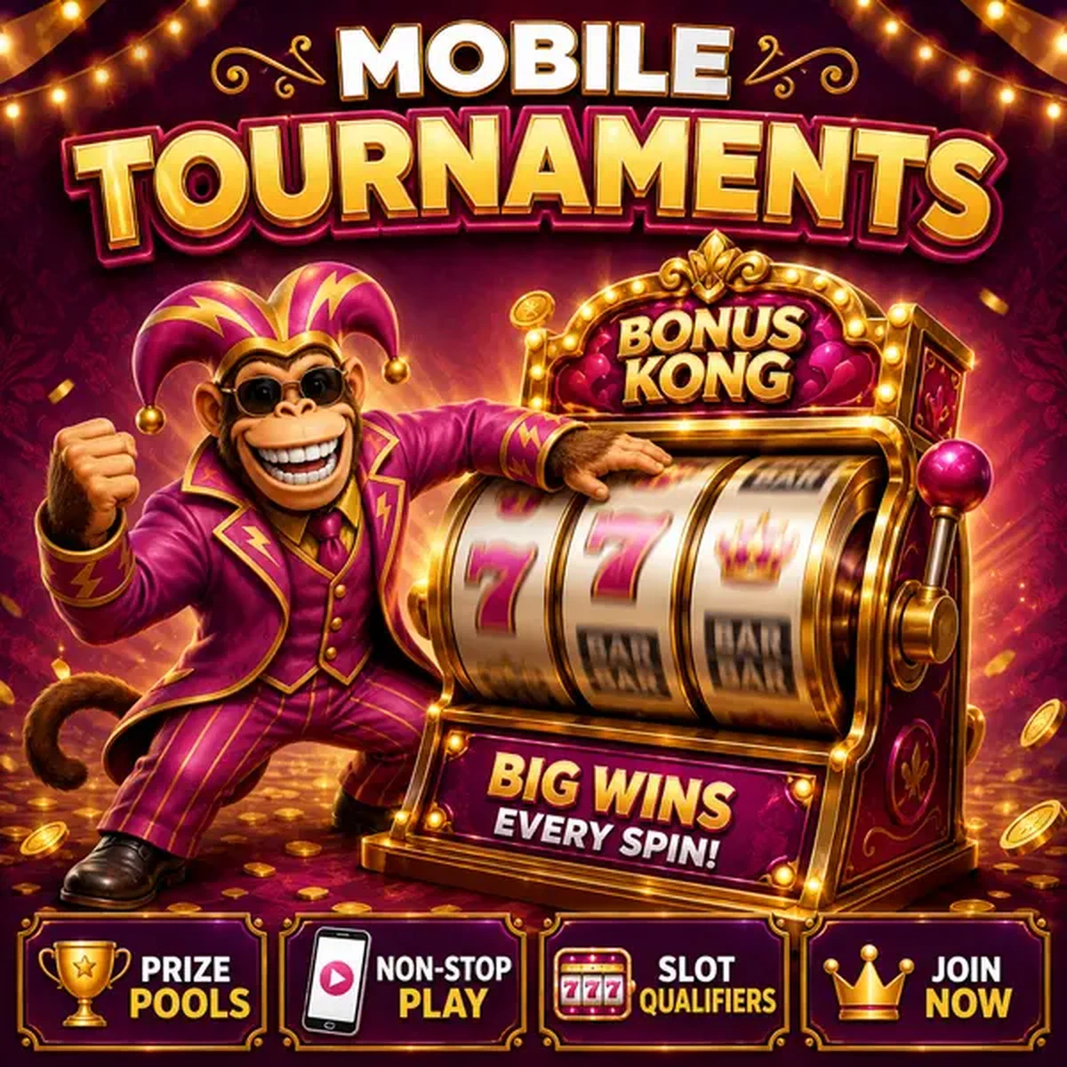 Bonus Kong gira i rulli mentre l'app Tornei Mobile mostra i montepremi alla stazione di gioco