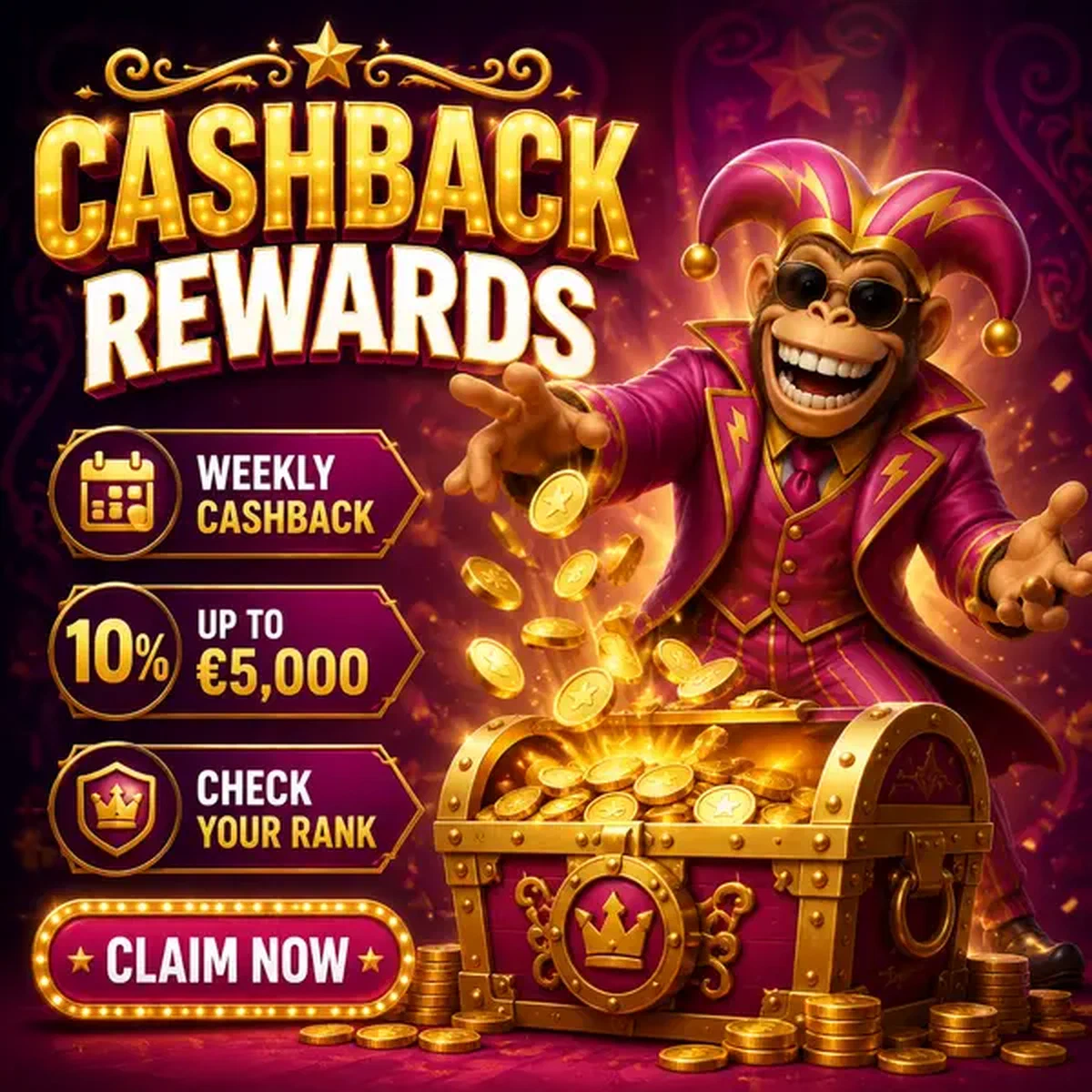 Bonus Kong lancia monete nel forziere del tesoro mentre il giocatore richiede Cashback Settimanale e Premi Fedeltà login
