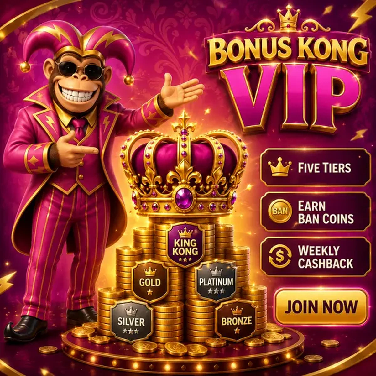 Bonus Kong VIP presenta corona scintillante sopra monete dorate rappresentando cinque livelli di ricompensa