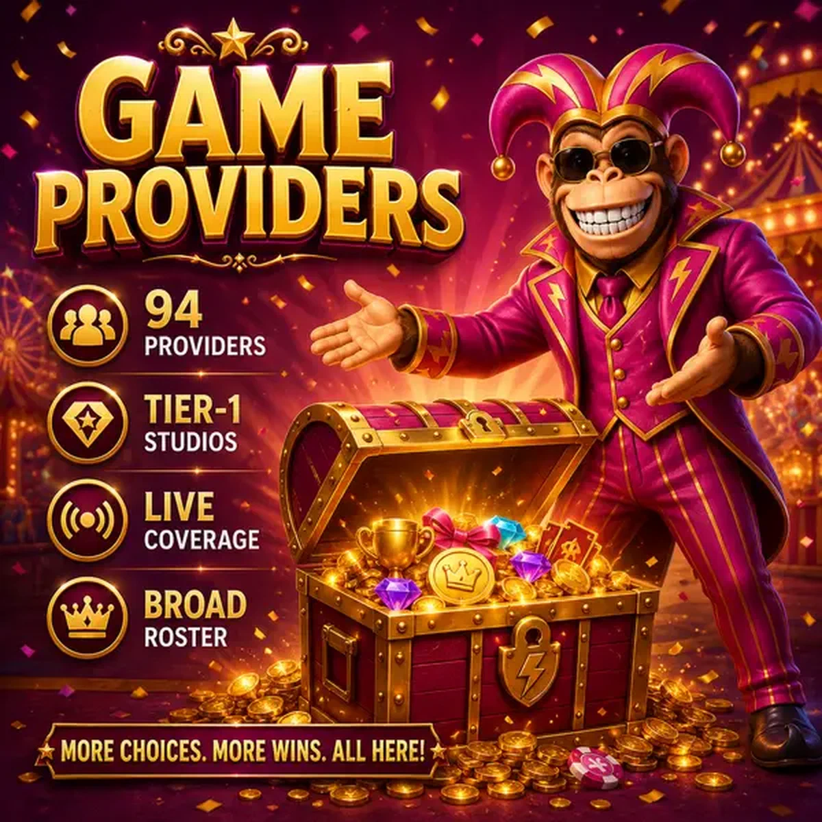 Bonus Kong Software Provider showcase con 94 provider di giochi in mostra del tesoro carnival