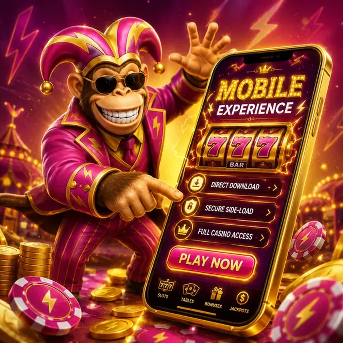 Bonus Kong Mobile Experience interfaccia app che brilla sullo schermo dorato dello smartphone